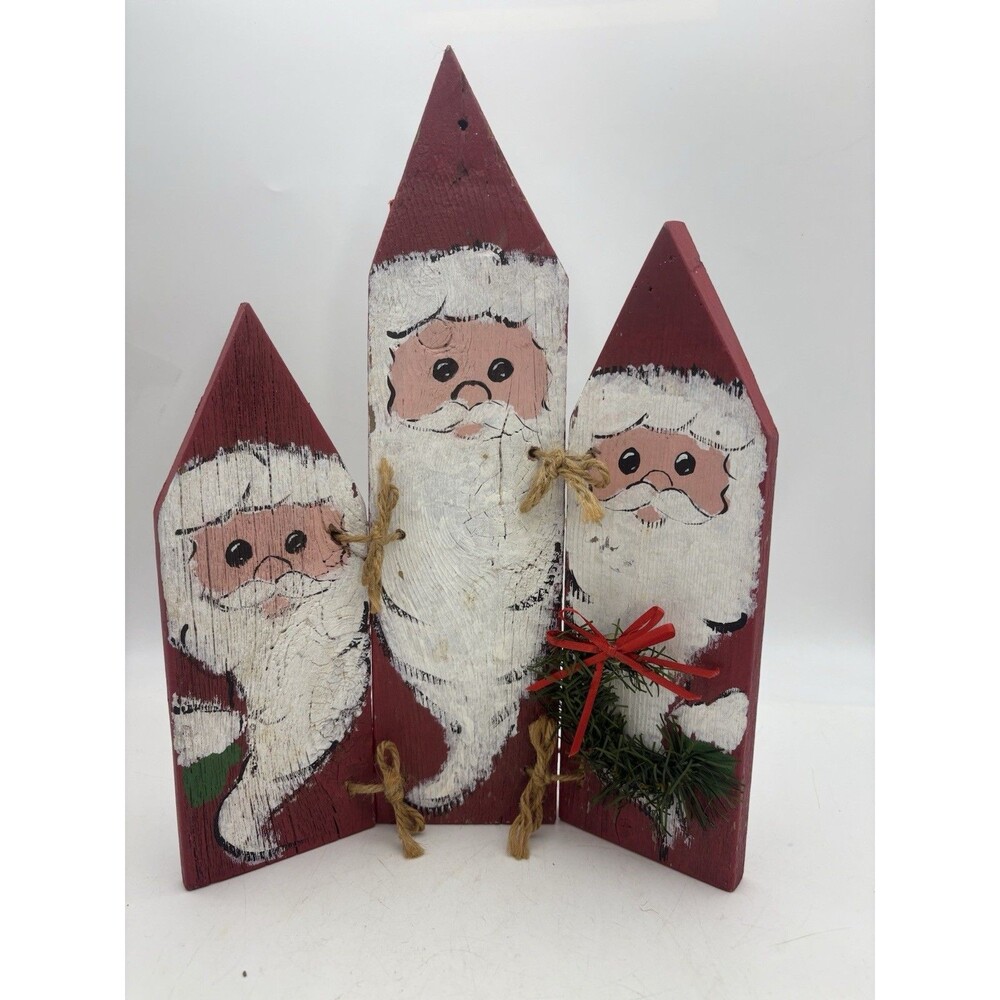 Rustic Hand-Painted Wooden Santa Trio Christmas Décor Primitive Farmhouse